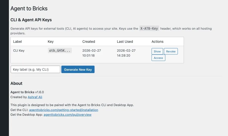 Agent to Bricks settings page